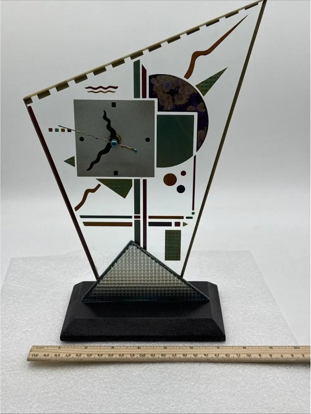 Vintage Art Deco Beaux Glass Mantle Geometric Takane Quartz Clock Signed 12.5”